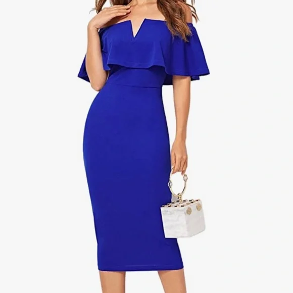 women's shein formal dresses SHEIN Modelyn Women's Solid Color Asymmetric Neck Ruffle Decor Short S |  Dress main image 0
